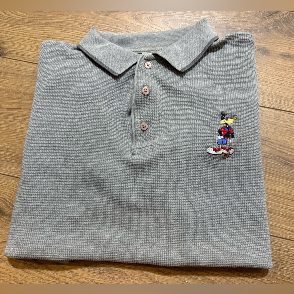 Warner Bros. Gray Golf Polo Shirt with Looney Tunes Daffy Duck Logo 2000 Vintage
